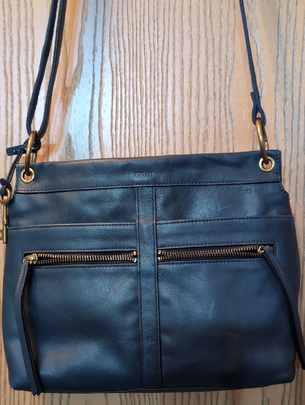 Fossil Navy Leather Crossbody with Dual Zip Front Pockets